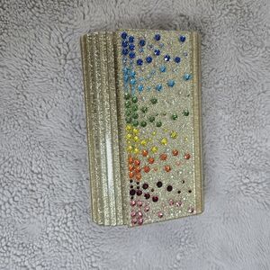 Gold Glitter Clutch with Multicolor Rhinestones